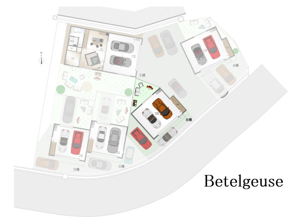 Betelgeuse棟（EDENプロジェクト）の配置図（御殿場市仁杉の高級賃貸ガレージハウス）