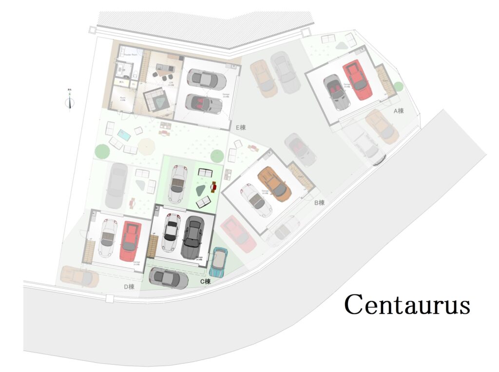 Centaurus棟（EDENプロジェクト）の配置図（御殿場市仁杉の高級賃貸ガレージハウス）