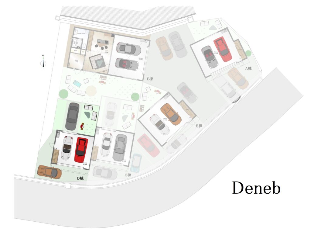 Deneb棟（EDENプロジェクト）の配置図（御殿場市仁杉の高級賃貸ガレージハウス）