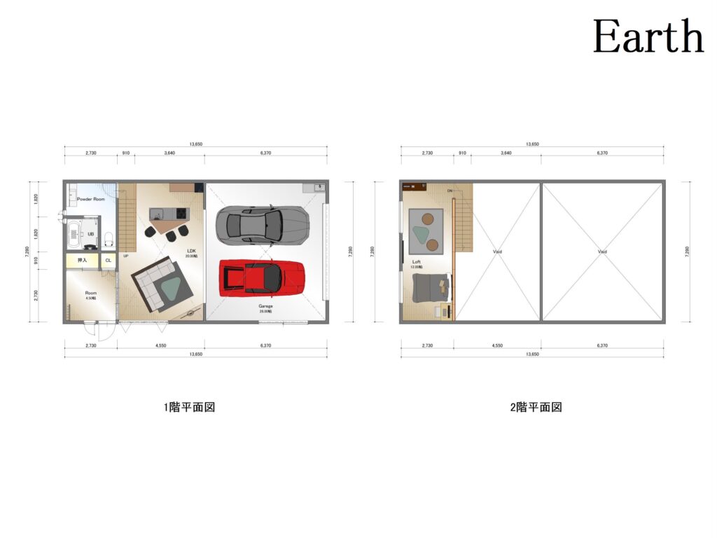 Earth棟（EDENプロジェクト）の平面図（御殿場市仁杉の高級賃貸ガレージハウス）