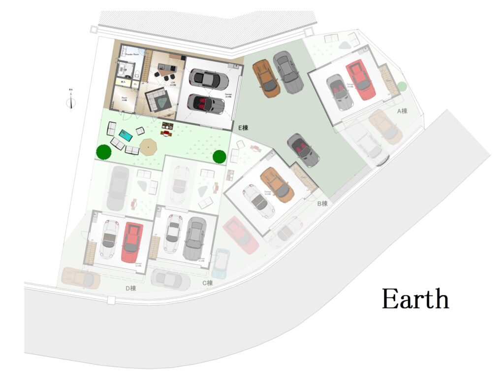 Earth棟（EDENプロジェクト）の配置図（御殿場市仁杉の高級賃貸ガレージハウス）